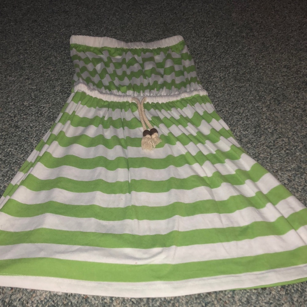 Green and white strapless dress